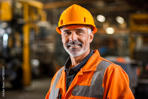 Portrait of caucasian steel worker adorned in safety gear, factory steel plant in the background