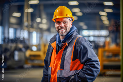 Portrait of caucasian steel worker adorned in safety gear, factory steel plant in the background