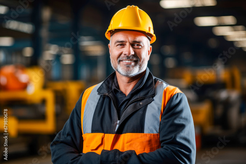 Portrait of caucasian steel worker adorned in safety gear, factory steel plant in the background