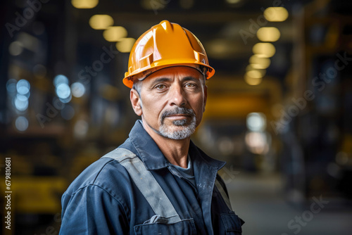 Portrait of hispanic steel worker adorned in safety gear, factory steel plant in the background