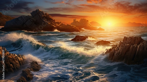Very beautiful mediterranean seascape with setting sun on sunset. Waves crash on rocks in nature. photo