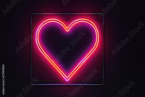 Neon heart with a glow on the background of a dark brick wall. Neon sign