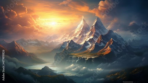 Design a mountain range at sunrise with "Our love reaches new heights."