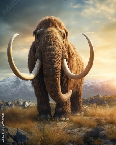 a mammoth with tusks standing in a field photo