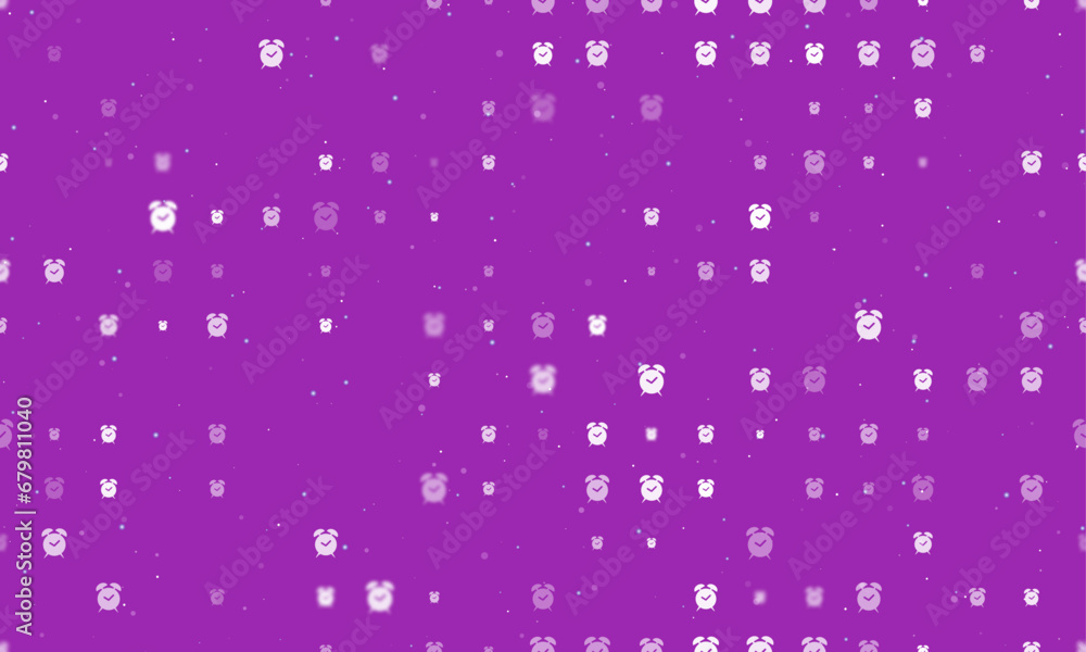 Seamless background pattern of evenly spaced white alarm clock symbols of different sizes and opacity. Vector illustration on purple background with stars