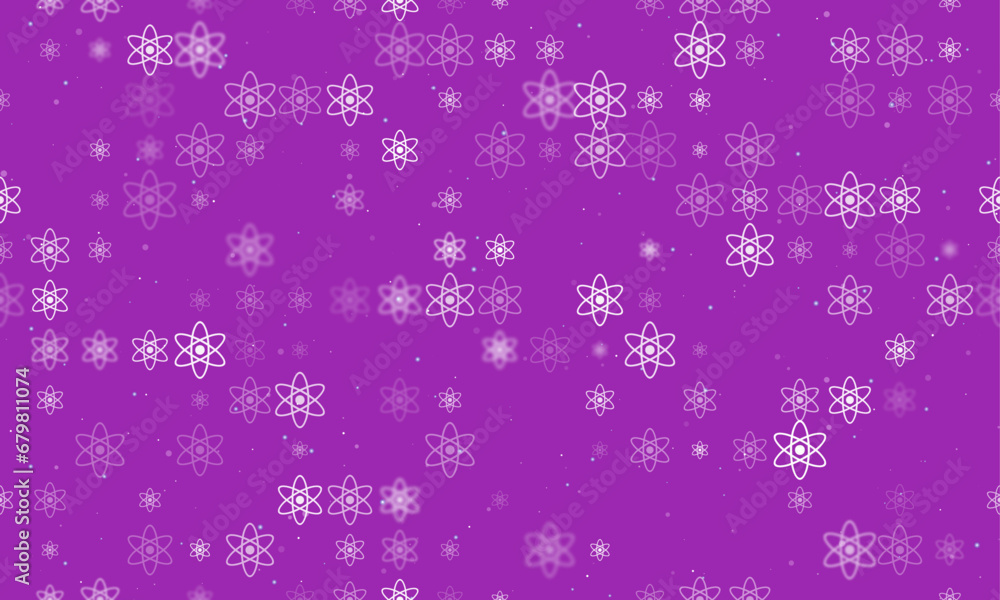 Seamless background pattern of evenly spaced white atomic symbols of different sizes and opacity. Vector illustration on purple background with stars