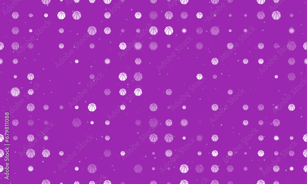 Seamless background pattern of evenly spaced white basketball symbols of different sizes and opacity. Vector illustration on purple background with stars