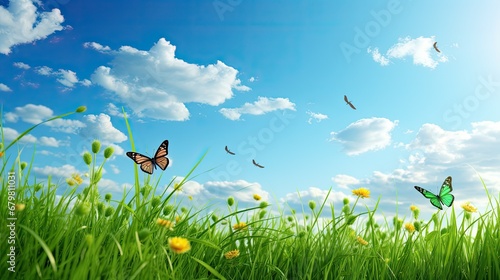 Young green juicy grass and fluttering butterflies in nature against blue spring sky with white clouds. Spring nature panorama