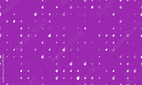 Seamless background pattern of evenly spaced white apple symbols of different sizes and opacity. Vector illustration on purple background with stars