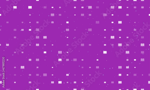 Seamless background pattern of evenly spaced white book symbols of different sizes and opacity. Vector illustration on purple background with stars