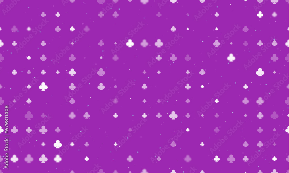 Seamless background pattern of evenly spaced white clubs of different sizes and opacity. Vector illustration on purple background with stars