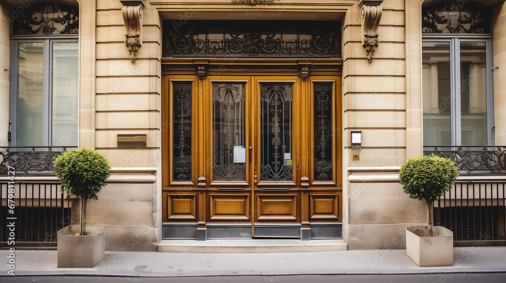 Une entrée élégante d'un immeuble parisien avec des portes en bois. - obrazy, fototapety, plakaty 