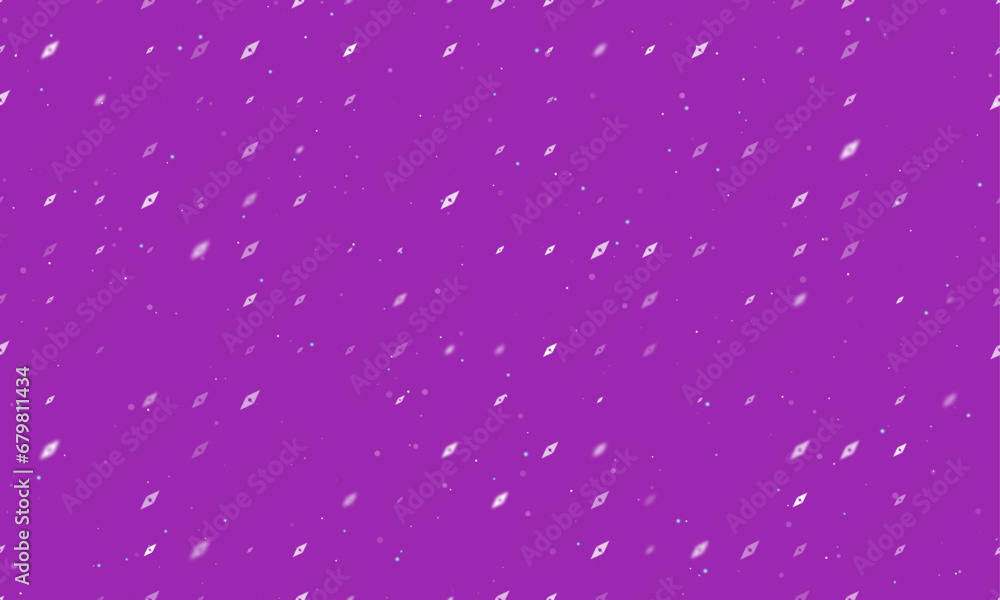 Seamless background pattern of evenly spaced white compass symbols of different sizes and opacity. Vector illustration on purple background with stars
