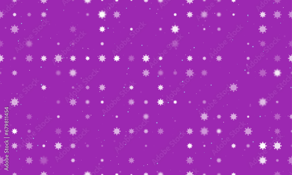 Seamless background pattern of evenly spaced white coronavirus symbols of different sizes and opacity. Vector illustration on purple background with stars