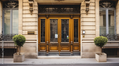 Une entrée élégante d'un immeuble parisien avec des portes en bois.