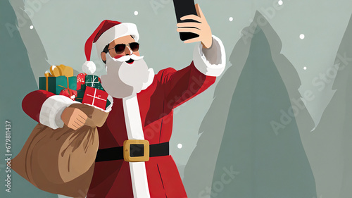 Ilustração minimalista de Papai Noel usando óculos de sol, segurando um saco de brinquedos tirando selfie com um celular. photo