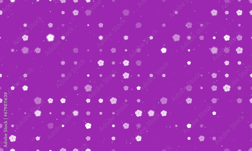 Seamless background pattern of evenly spaced white geraniums of different sizes and opacity. Vector illustration on purple background with stars