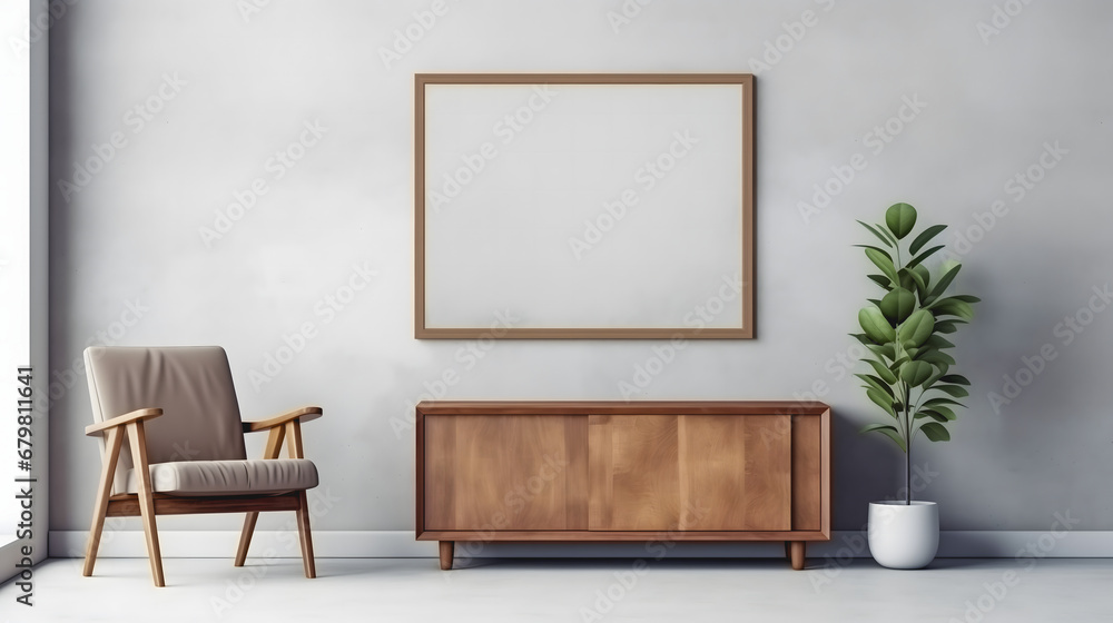 Le salon d'une maison moderne avec un fauteuil, une plante verte et un cadre vide. Le salon d'une maison moderne avec un fauteuil, une plante verte et un cadre vide.