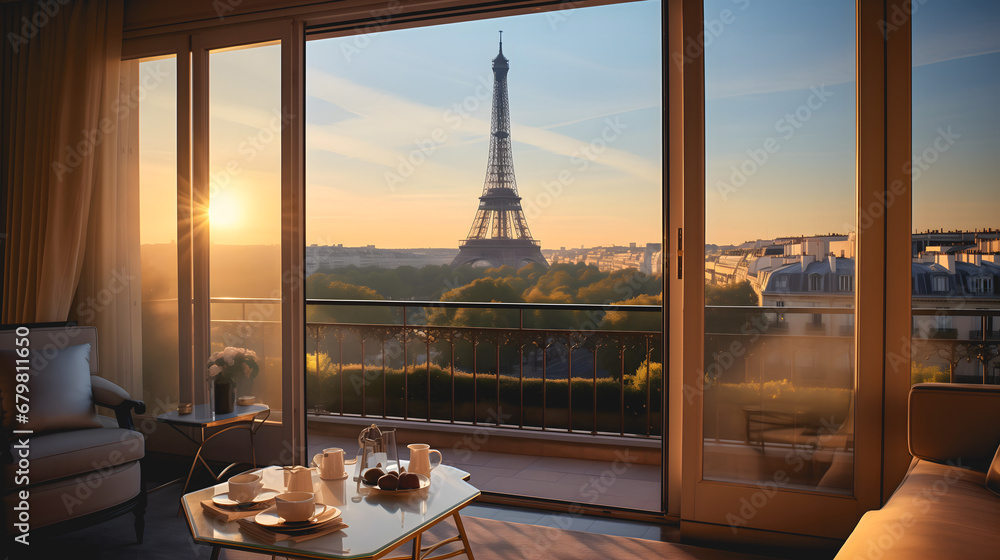 Un appartement à Paris avec une vue sur la Tour Eiffel.  - obrazy, fototapety, plakaty 