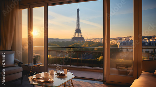 Un appartement à Paris avec une vue sur la Tour Eiffel.  photo