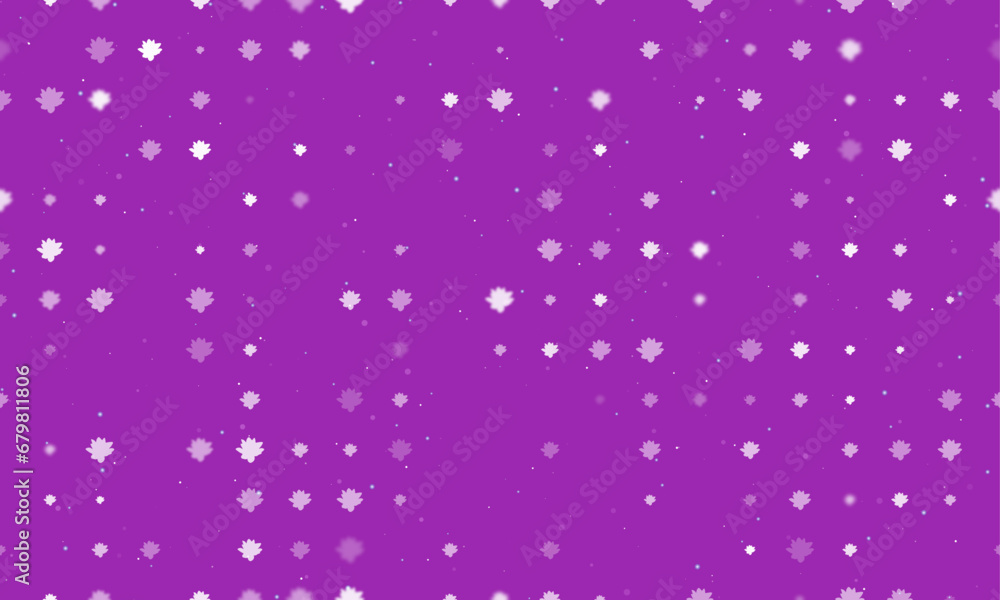 Seamless background pattern of evenly spaced white lotus flowers of different sizes and opacity. Vector illustration on purple background with stars