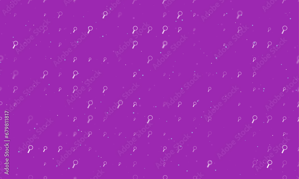 Seamless background pattern of evenly spaced white magnifier symbols of different sizes and opacity. Vector illustration on purple background with stars