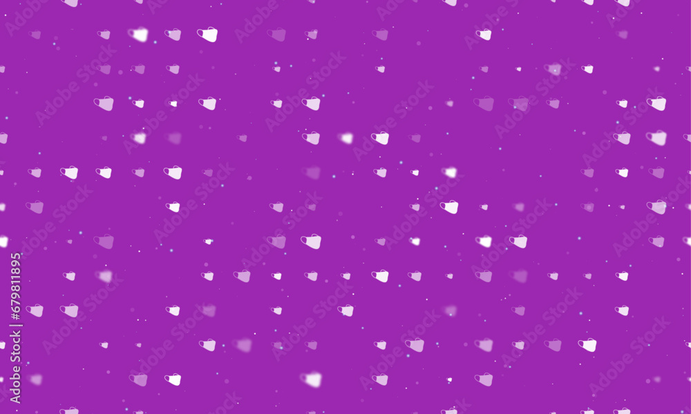 Seamless background pattern of evenly spaced white mask symbols of different sizes and opacity. Vector illustration on purple background with stars