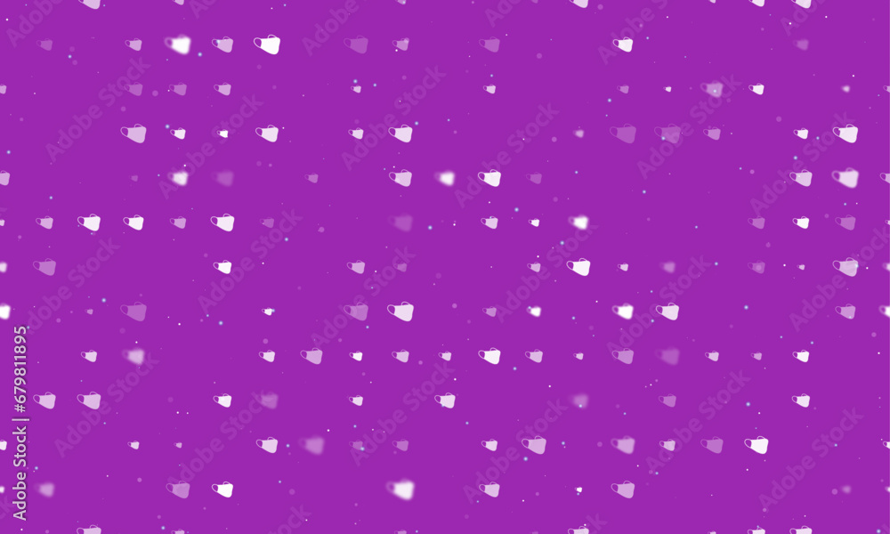 Seamless background pattern of evenly spaced white mask symbols of different sizes and opacity. Vector illustration on purple background with stars Seamless background pattern of evenly spaced white mask symbols of different sizes and opacity. Vector illustration on purple background with stars