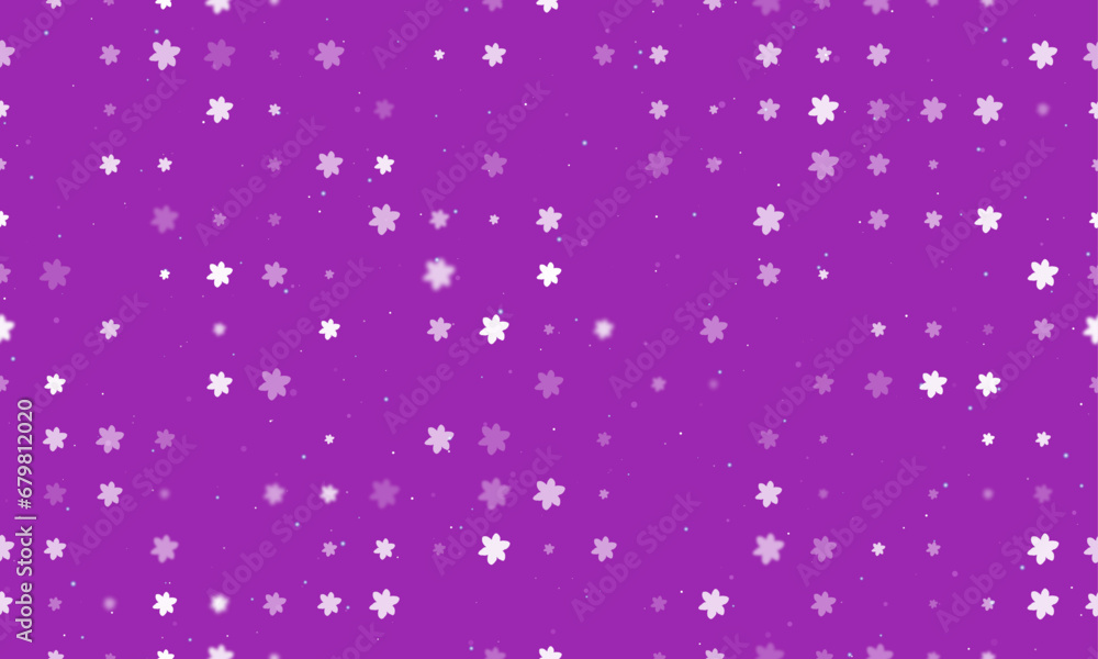 Seamless background pattern of evenly spaced white narcissus flowers of different sizes and opacity. Vector illustration on purple background with stars