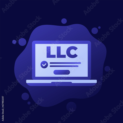 LLC online registration icon with laptop, Limited Liability Company