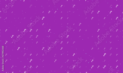 Seamless background pattern of evenly spaced white old key symbols of different sizes and opacity. Vector illustration on purple background with stars