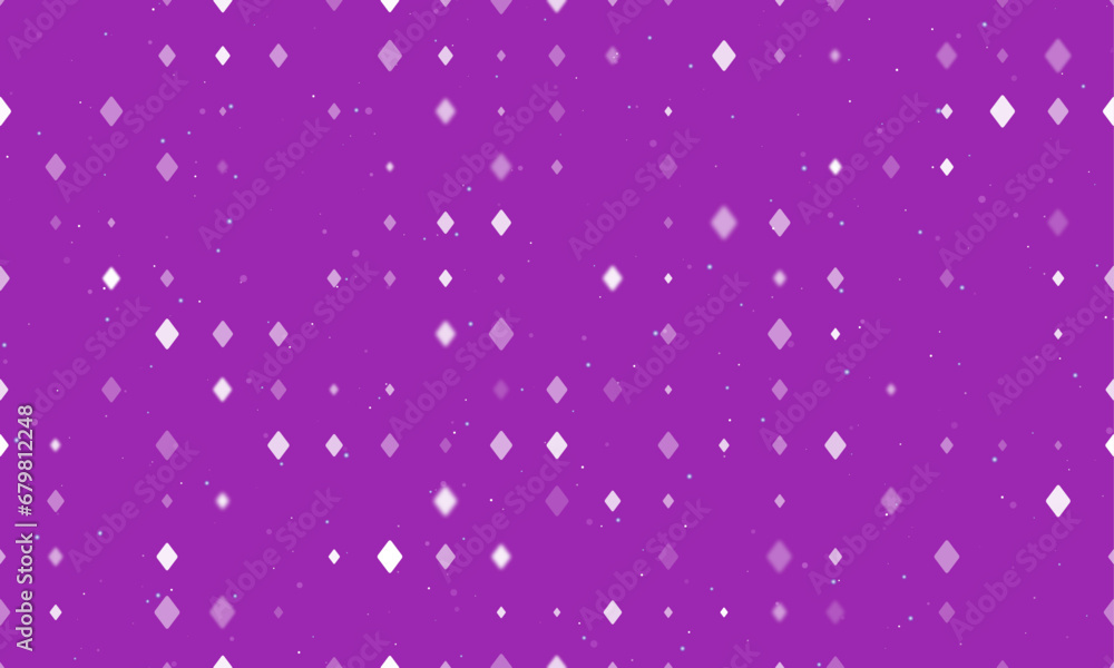 Seamless background pattern of evenly spaced white diamonds of different sizes and opacity. Vector illustration on purple background with stars