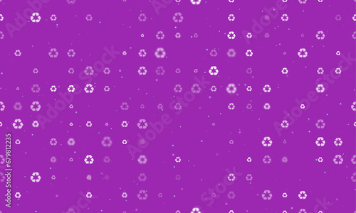 Seamless background pattern of evenly spaced white recycling symbols of different sizes and opacity. Vector illustration on purple background with stars