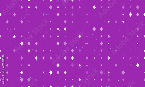Seamless background pattern of evenly spaced white diamonds of different sizes and opacity. Vector illustration on purple background with stars