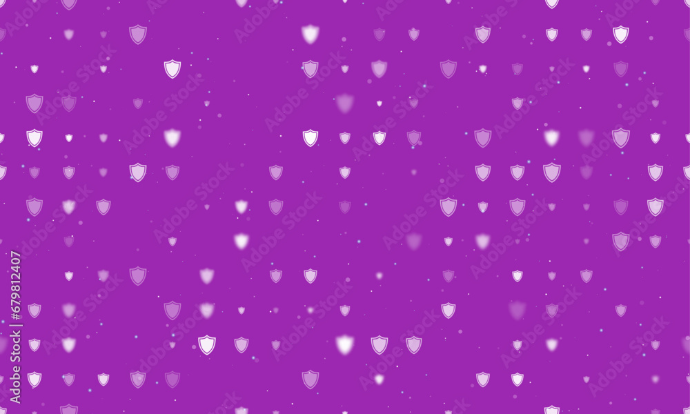 Seamless background pattern of evenly spaced white shield symbols of different sizes and opacity. Vector illustration on purple background with stars