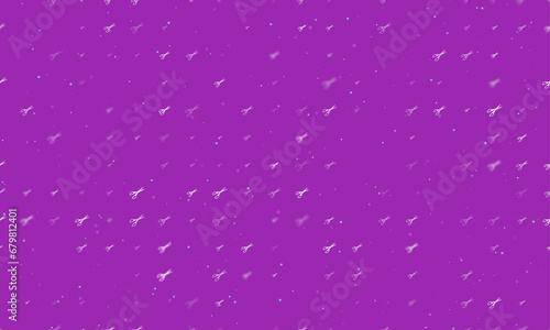 Seamless background pattern of evenly spaced white scissors symbols of different sizes and opacity. Vector illustration on purple background with stars