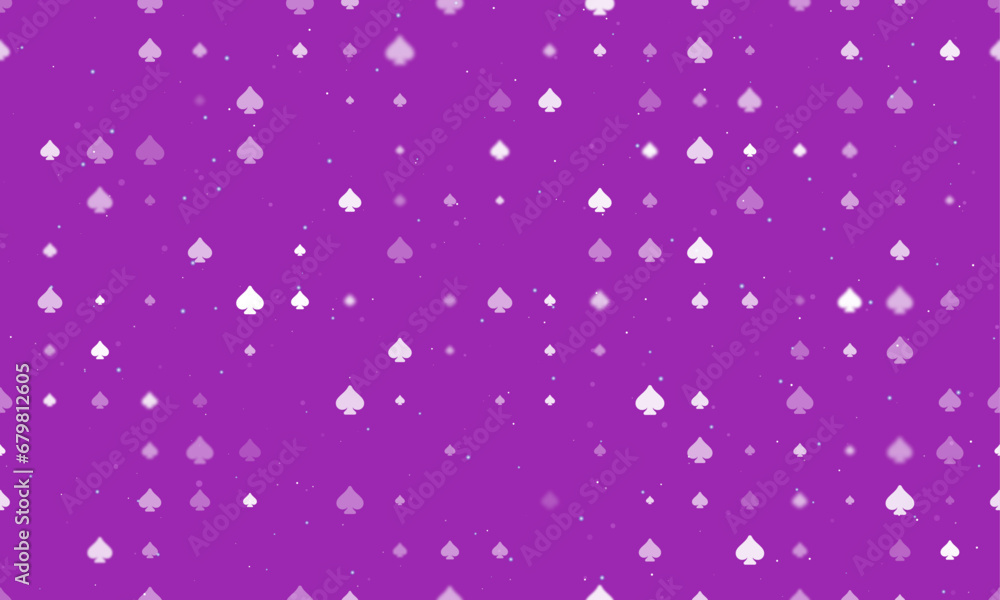 Seamless background pattern of evenly spaced white spades of different sizes and opacity. Vector illustration on purple background with stars