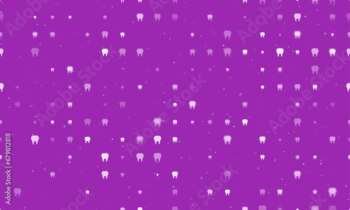 Seamless background pattern of evenly spaced white tooth symbols of different sizes and opacity. Vector illustration on purple background with stars
