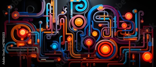 Composition of multiple neon shapes on black background.
