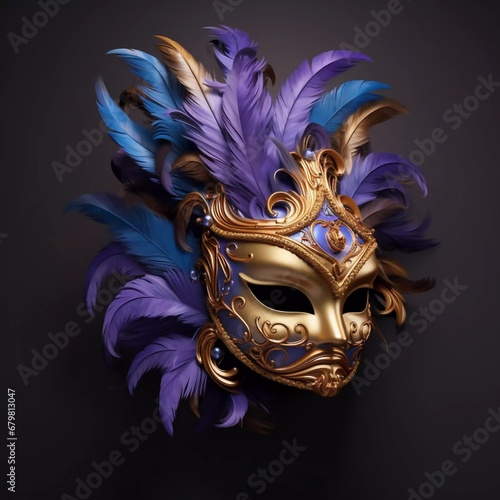 Golden carnival mask with purple feather decorations on a blue background, AI generator