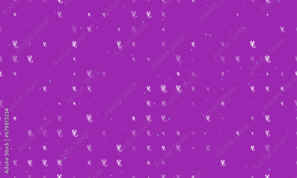 Seamless background pattern of evenly spaced white scorpio symbols of different sizes and opacity. Vector illustration on purple background with stars