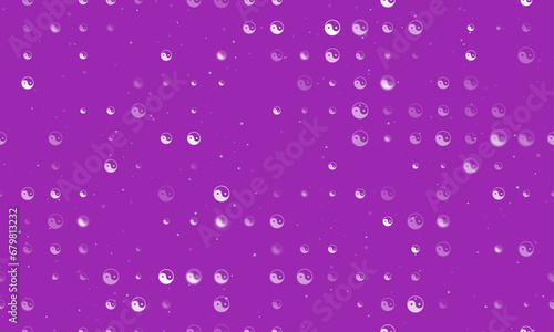 Seamless background pattern of evenly spaced white yin yang symbols of different sizes and opacity. Vector illustration on purple background with stars