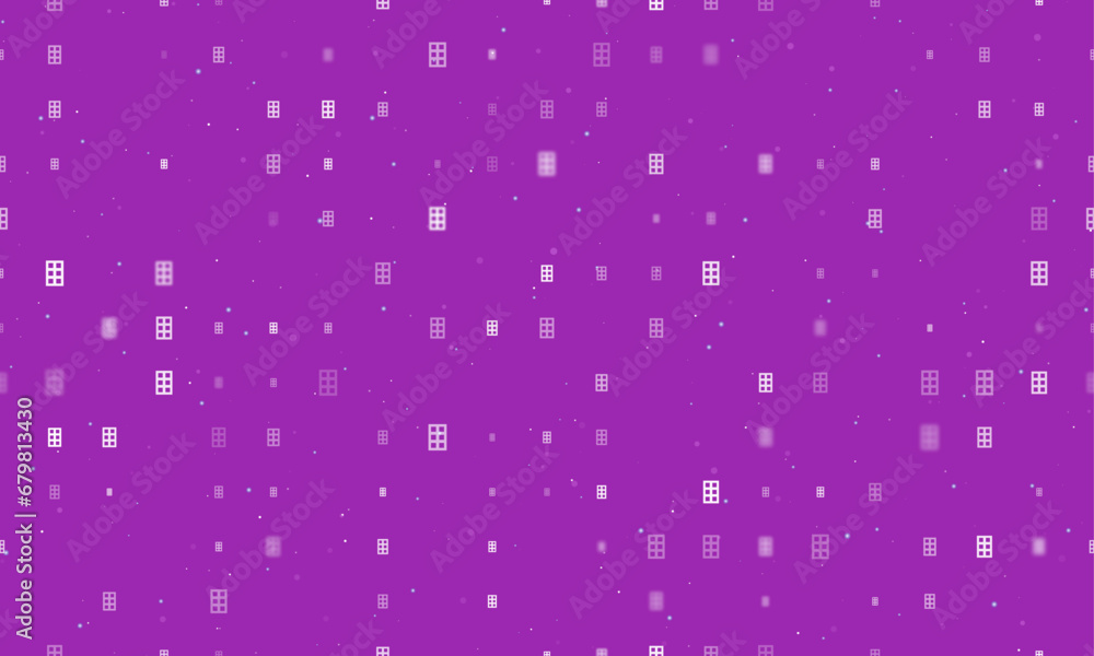 Seamless background pattern of evenly spaced white office building symbols of different sizes and opacity. Vector illustration on purple background with stars