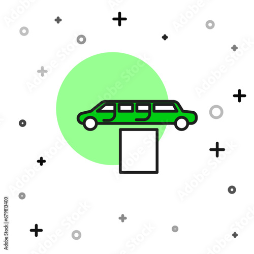 Filled outline Luxury limousine car and carpet icon isolated on white background. For world premiere celebrities and guests poster. Vector