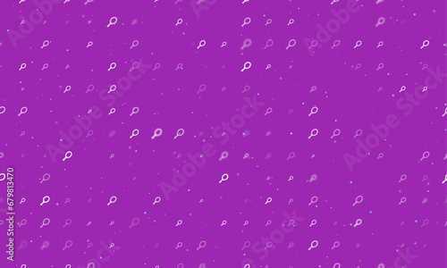 Seamless background pattern of evenly spaced white tennis symbols of different sizes and opacity. Vector illustration on purple background with stars