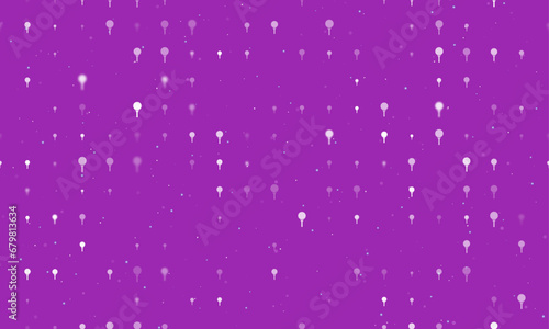 Seamless background pattern of evenly spaced white golf symbols of different sizes and opacity. Vector illustration on purple background with stars