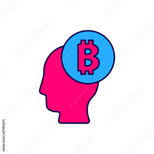 Filled outline Bitcoin think icon isolated on white background. Cryptocurrency head. Blockchain technology, digital money market, cryptocoin wallet. Vector