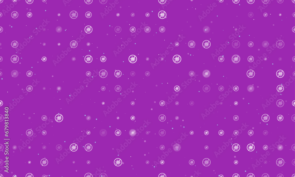 Seamless background pattern of evenly spaced white stop coronavirus symbols of different sizes and opacity. Vector illustration on purple background with stars Seamless background pattern of evenly spaced white stop coronavirus symbols of different sizes and opacity. Vector illustration on purple background with stars