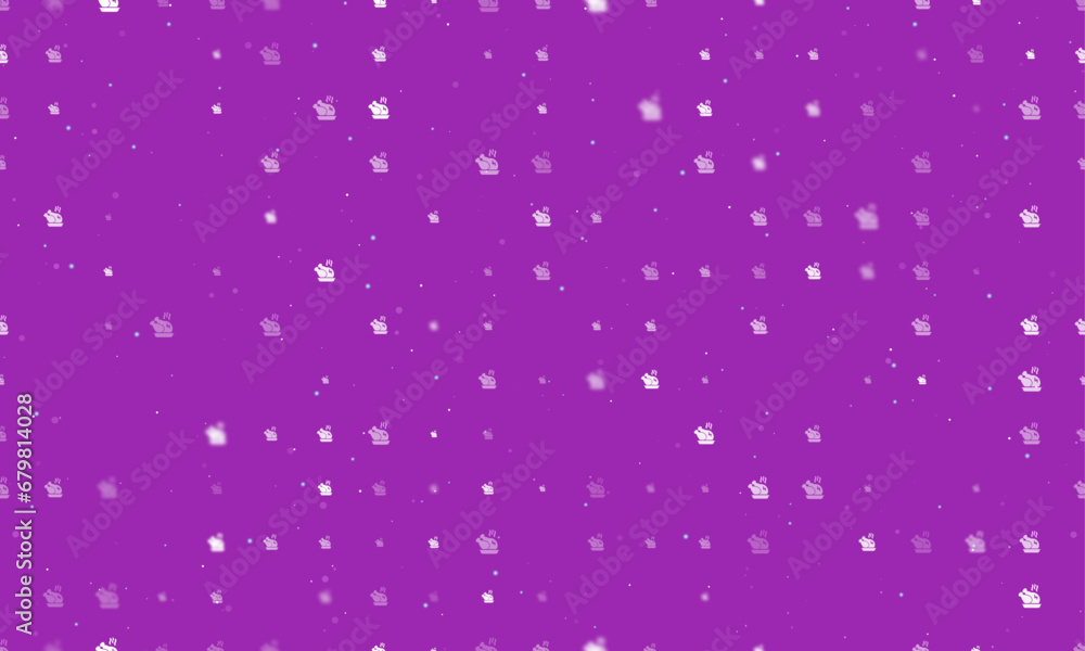 Seamless background pattern of evenly spaced white roasted turkeys of different sizes and opacity. Vector illustration on purple background with stars