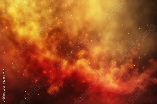Glitter smoke background. Fantasy smog. Yellow red glowing fog with golden ash dust in dark explosion burst abstract fire shimmering ink art